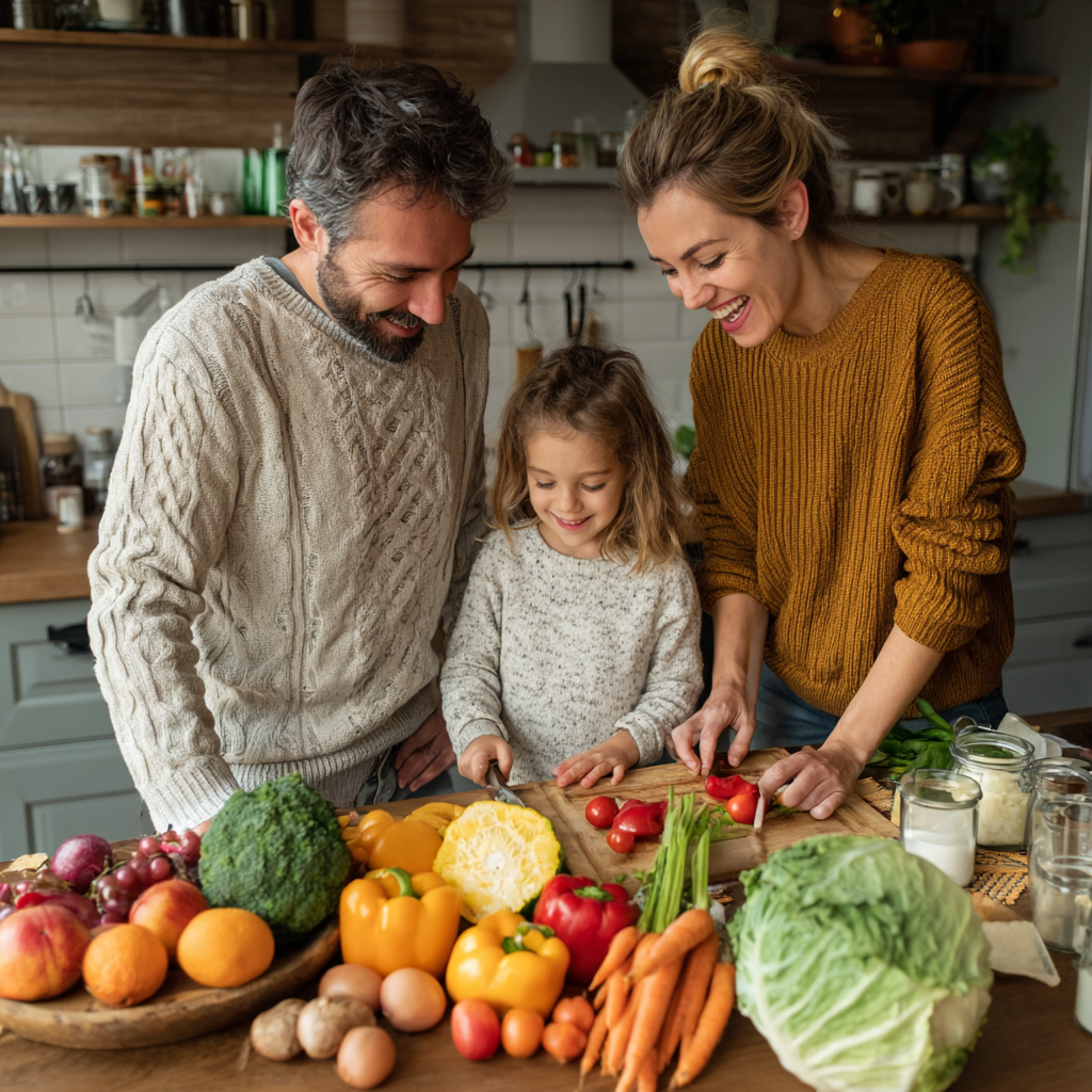 Happy Romanian adults preparing healthy layered meals together in a bright kitchen