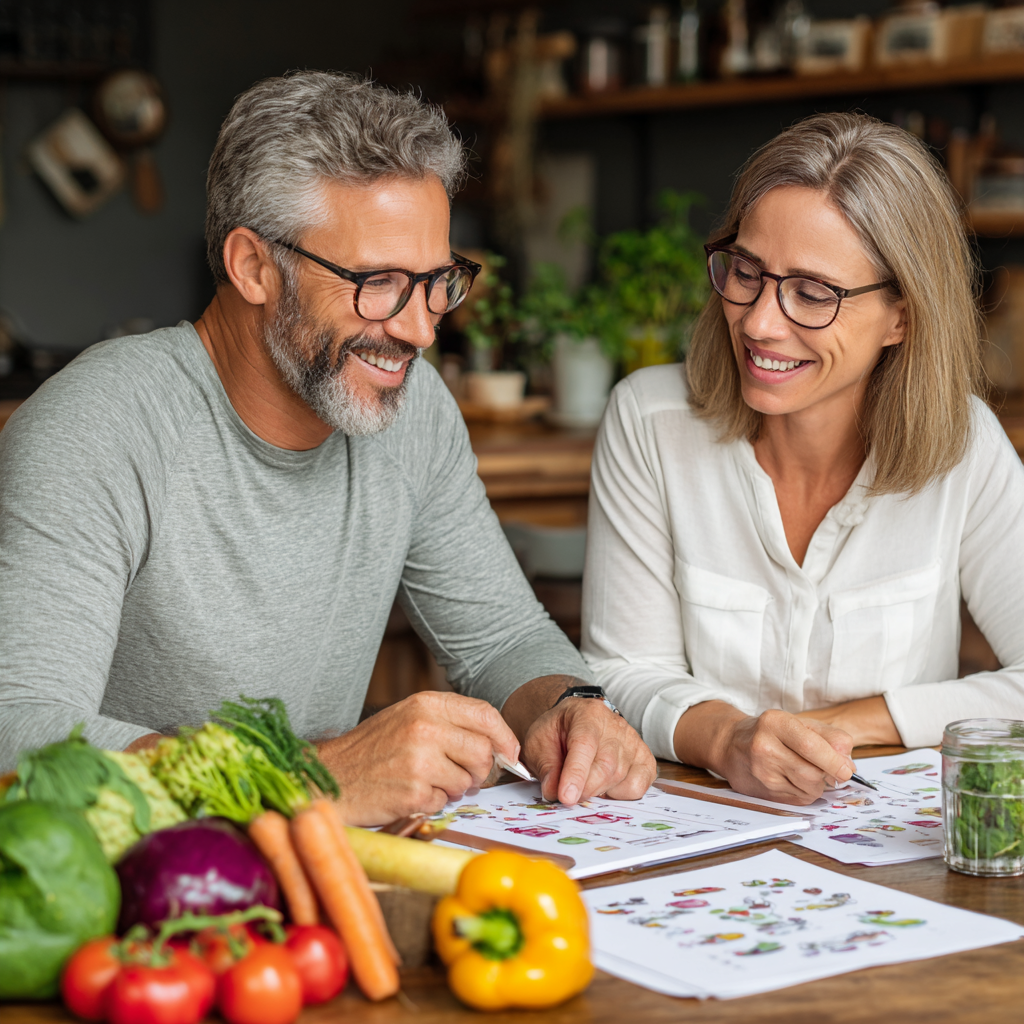 Romanian nutritionist consulting with a smiling middle-aged Romanian woman about layered meal planning